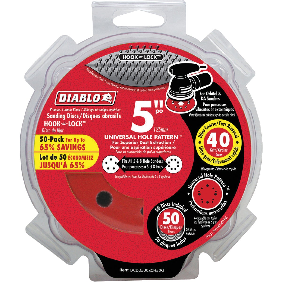 Diablo 5 In. 40-Grit Universal 12-Hole Vented Sanding Disc with Hook and Lock Backing (50-Pack) Image 1