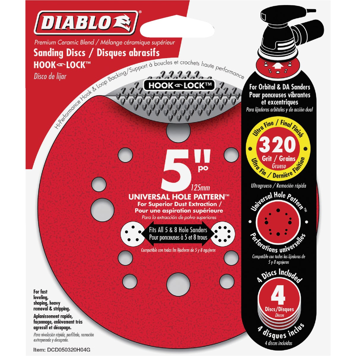 Diablo 5 In. 320-Grit Universal 12-Hole Vented Sanding Disc with Hook and Lock Backing (4-Pack) Image 1