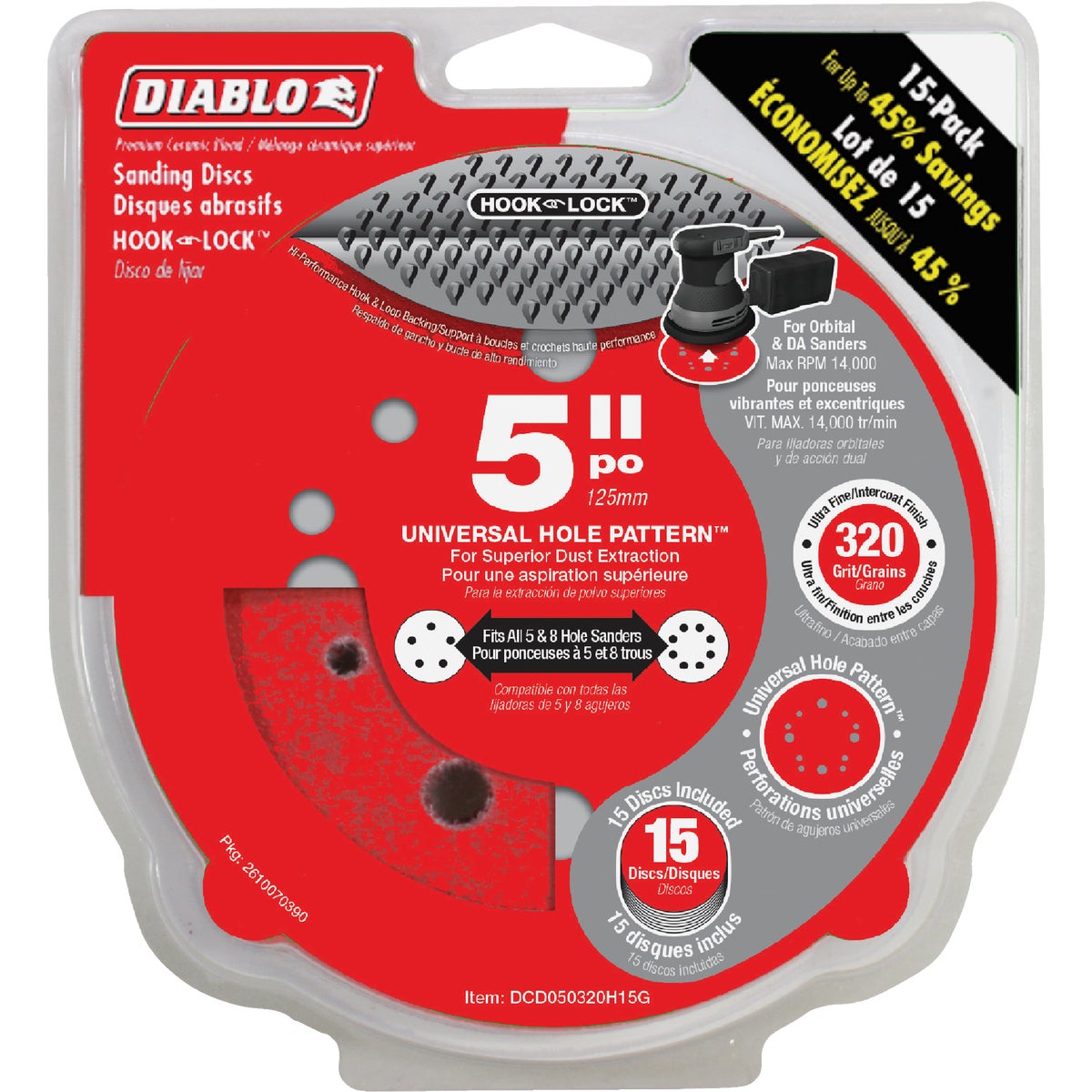 Diablo 5 In. 320-Grit Universal 12-Hole Vented Sanding Disc with Hook and Lock Backing (15-Pack) Image 1