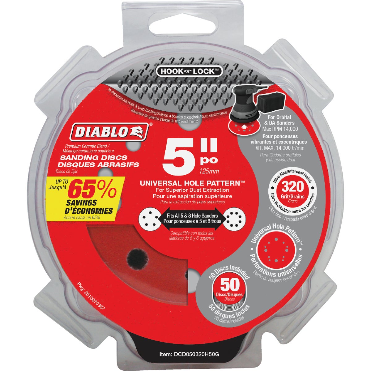 Diablo 5 In. 320-Grit Universal 12-Hole Vented Sanding Disc with Hook and Lock Backing (50-Pack) Image 1