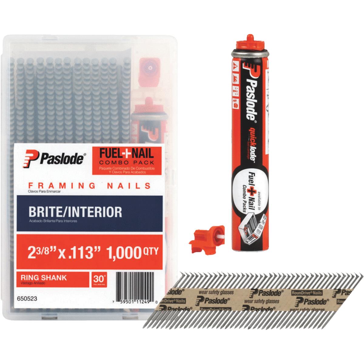 Paslode 30 Degree Bright Ring Shank Framing Nail & Fuel Combo Pack, 2-3/8 In. x .113 In. (1000-Pack 