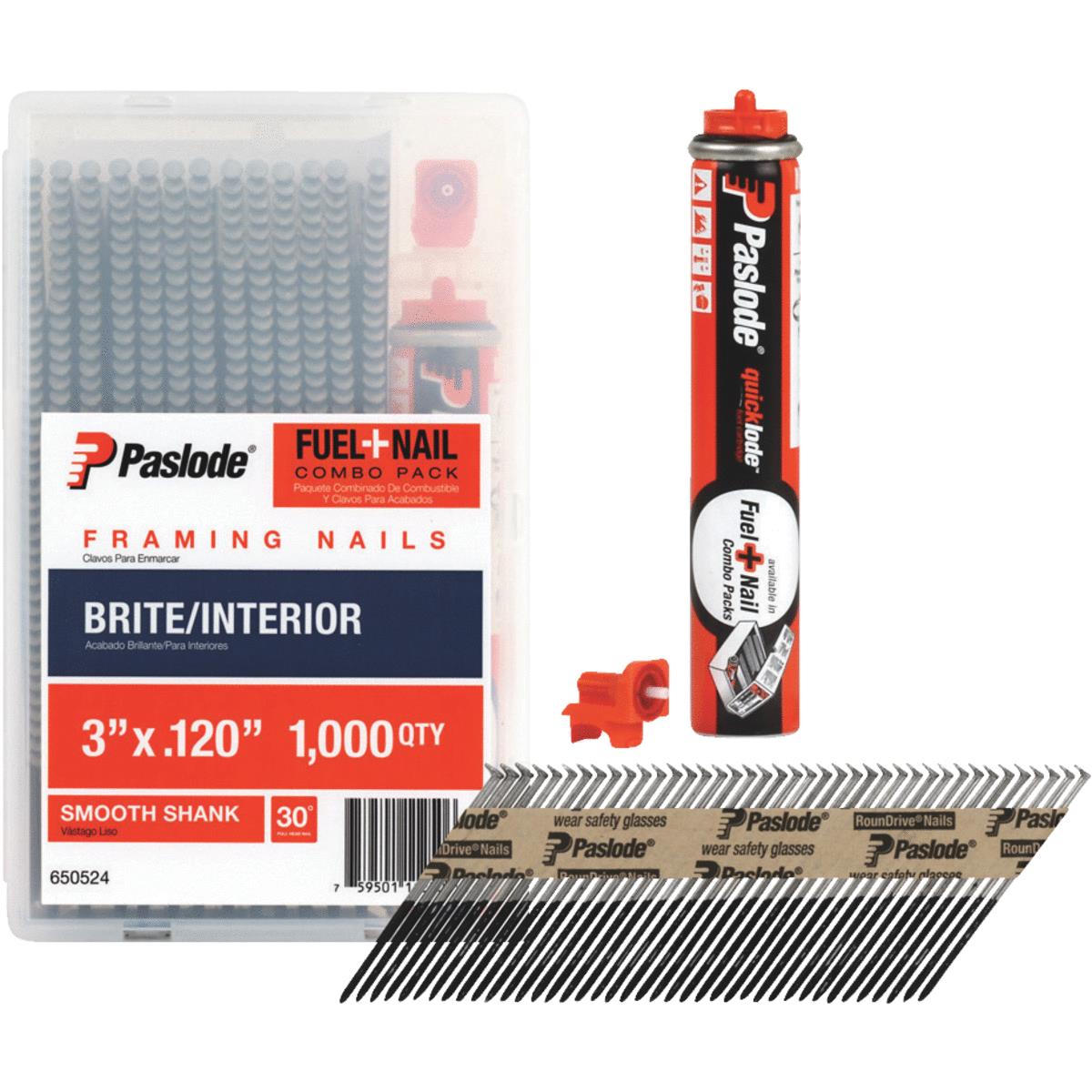 Paslode 30 Degree Bright Framing Nail & Fuel Combo Pack, 3 In. x .120 In. (1000-Pack Nails + 1 Fuel 