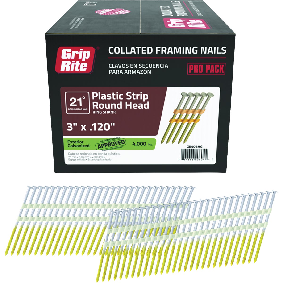 Grip-Rite 3 In. x 0.120 In. 21 Deg. Hot Galvanized Round Head Ring Shank Plastic Strip Collated Framing Nail (4000-Count)