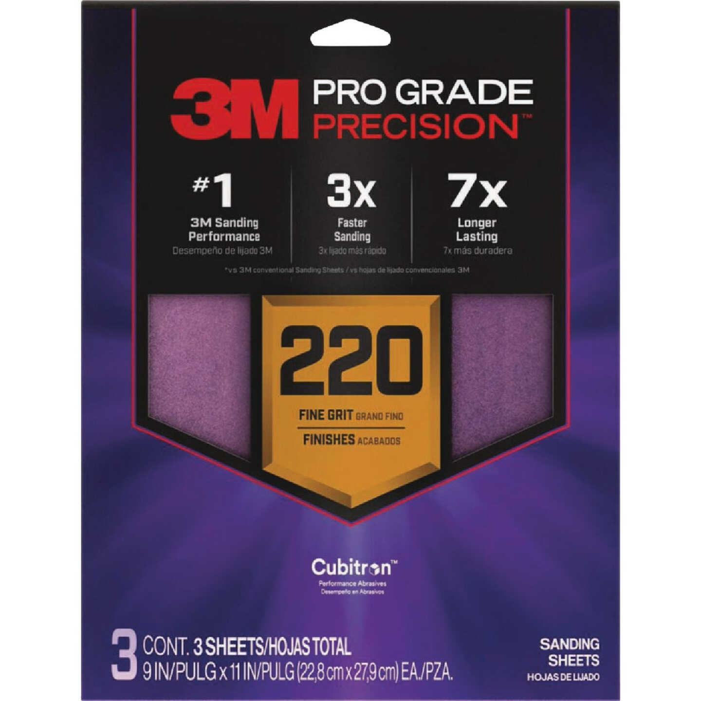 3M Pro Grade Precision 9 In. x 11 In. 220 Grit Sandpaper Sheet with No-Slip Grip Backing (3-Pack) Image 1
