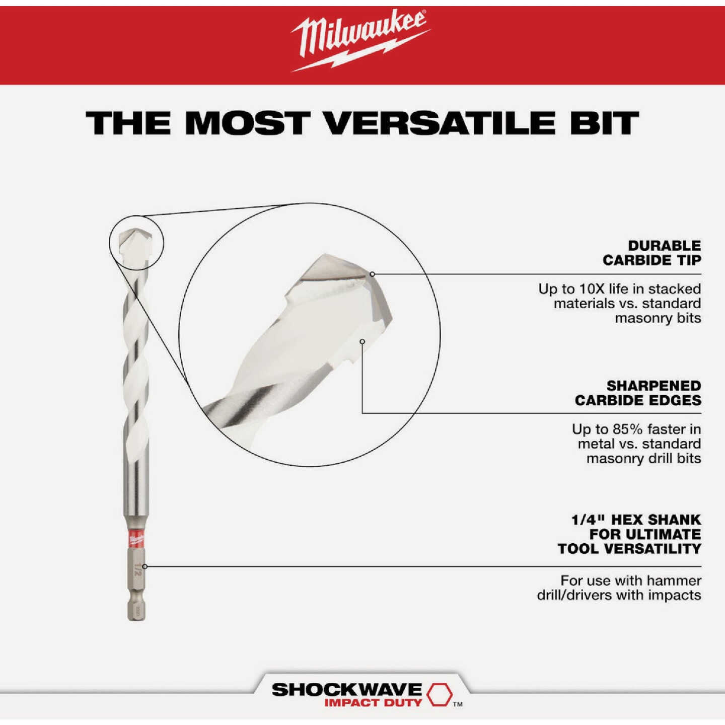 Milwaukee SHOCKWAVE 1/4 In. x 12 In. Impact Duty Carbide Multi-Material Hex Shank Drill Bit Image 2