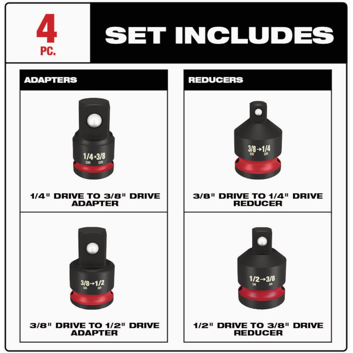 Milwaukee SHOCKWAVE 1/4 In. to 1/2 In. Impact Duty Socket Adapter Set (4-Piece) Image 2