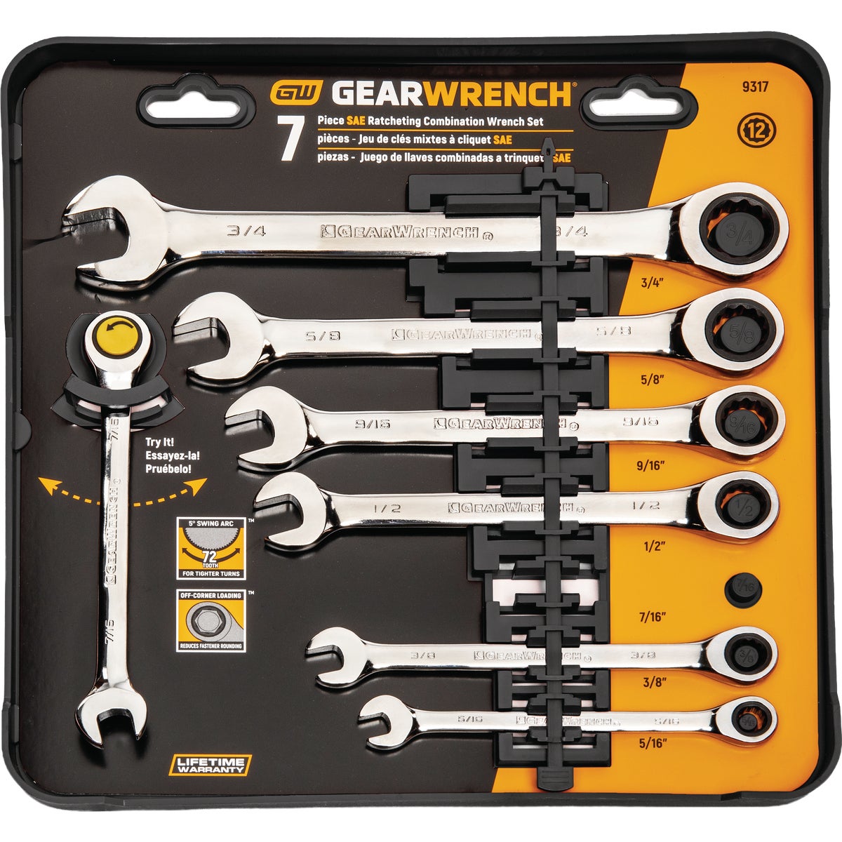 Gearwrench SAE 12-Point Ratcheting Combination Wrench Set (7-Piece) Image 4