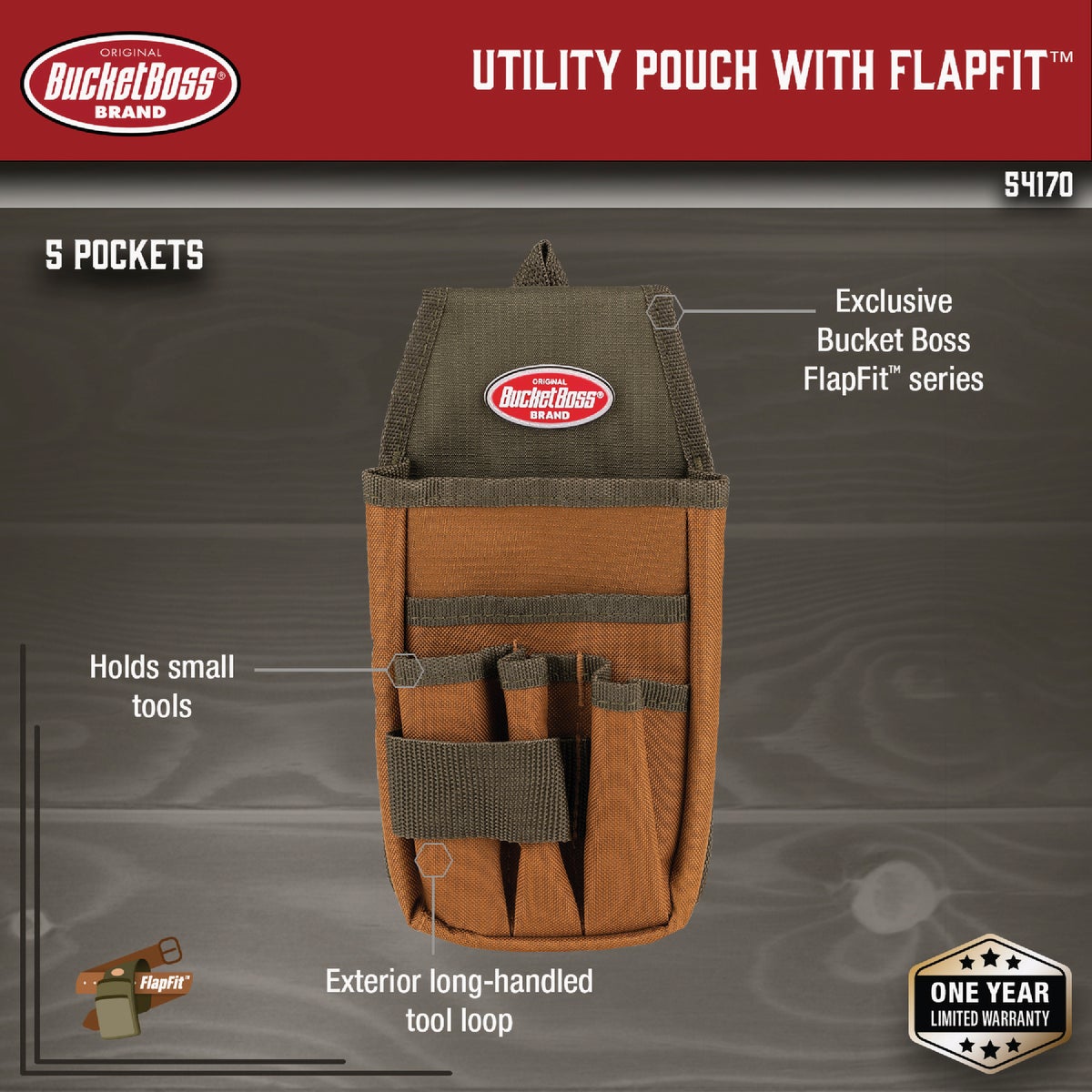 Bucket Boss FlapFit 5-Pocket Tool Belt Utility Pouch Image 2