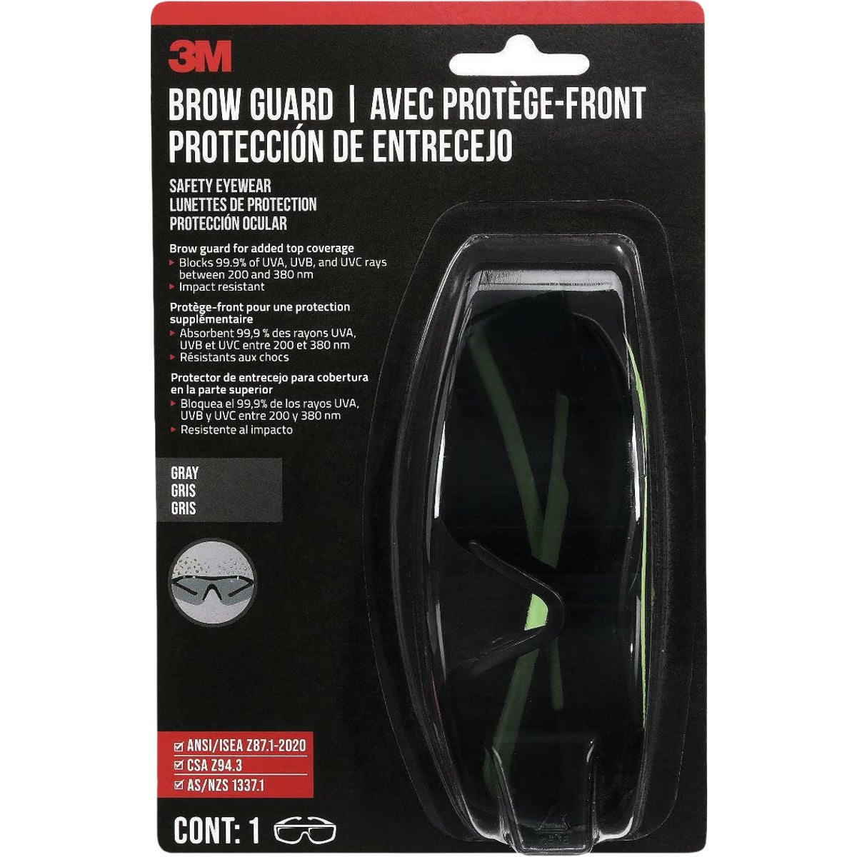 3M Black/Green Frame Brow Guard Safety Glasses with Gray Lenses Image 2