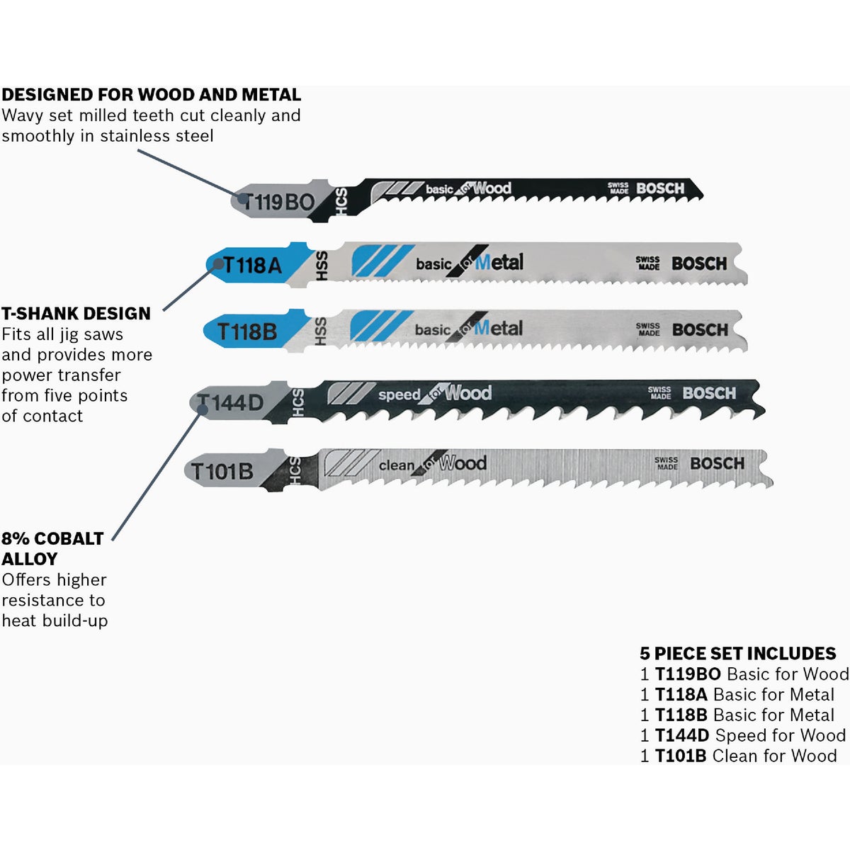 Bosch T-Shank Jig Saw Blade Set for Wood & Metal (5-Piece) Image 2