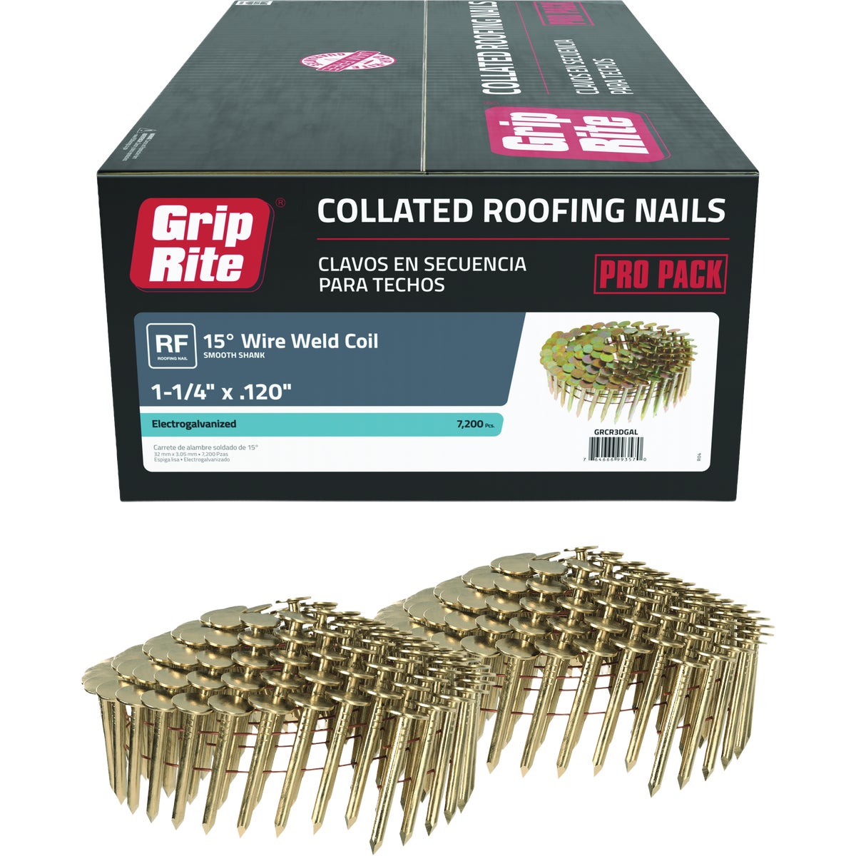 Grip-Rite 1-1/4 In. x 0.120 In. 15 Deg. Electrogalvanized Full Round Head Smooth Shank Wire Coil Collated Roofing Nail (7200-Count)