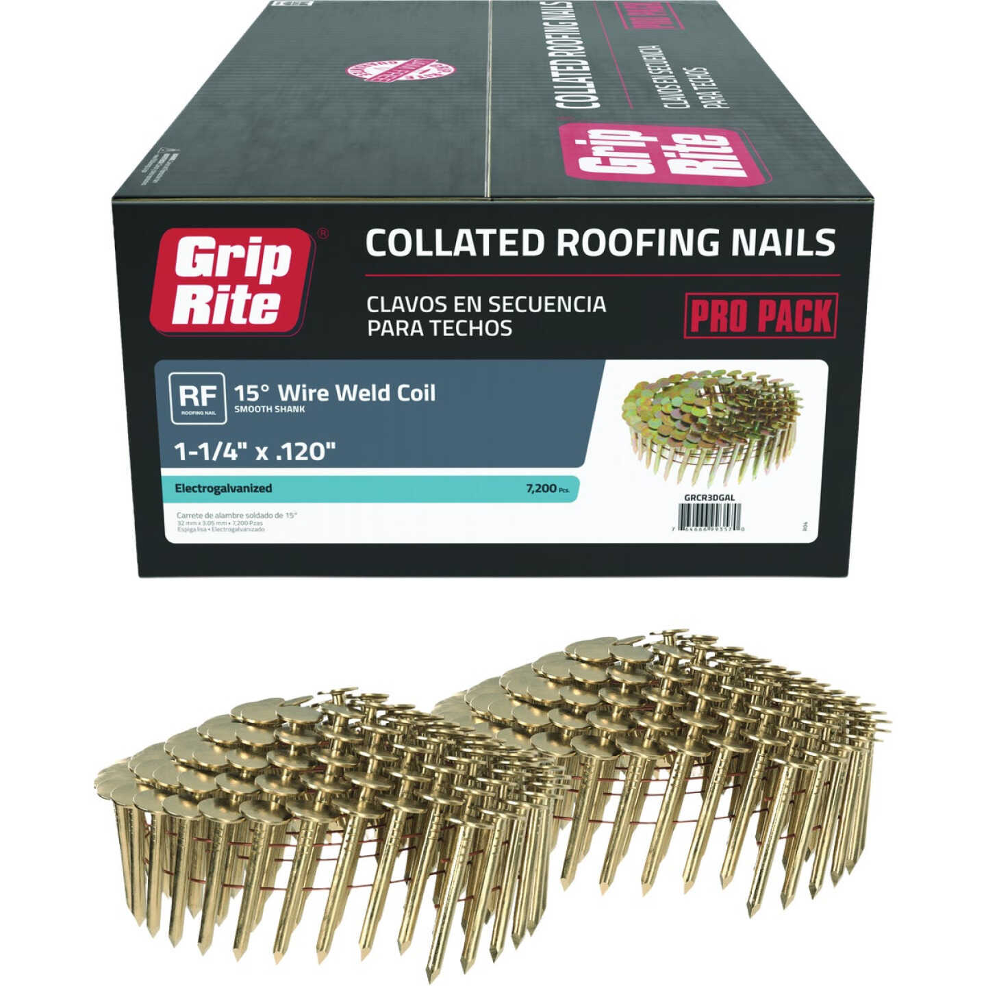 Grip-Rite 1-1/4 In. x 0.120 In. 15 Deg. Electrogalvanized Full Round Head Smooth Shank Wire Coil Collated Roofing Nail (7200-Count) Image 1