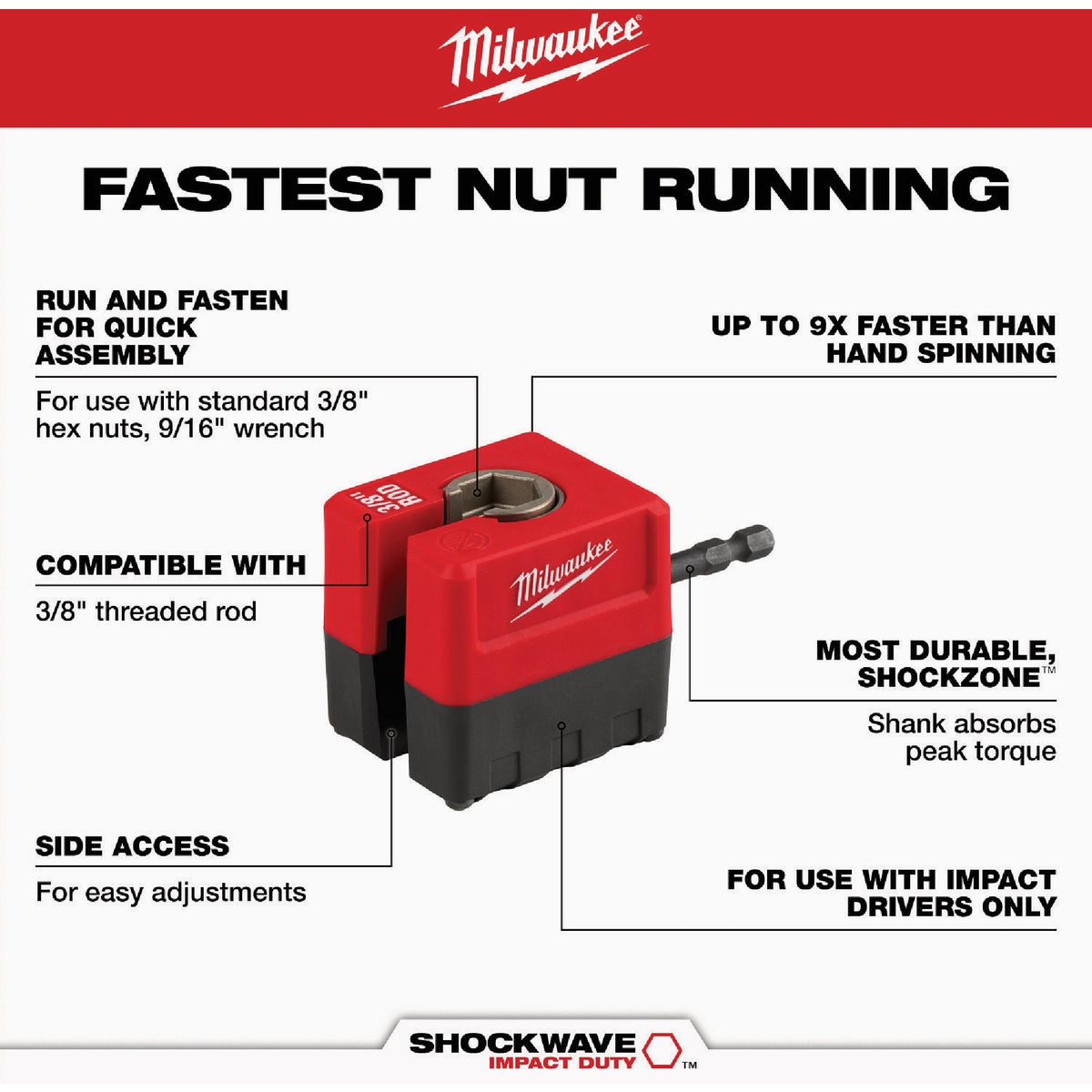 Milwaukee SHOCKWAVE 3/8 In. Impact Duty Threaded Rod Nut Runner Image 2