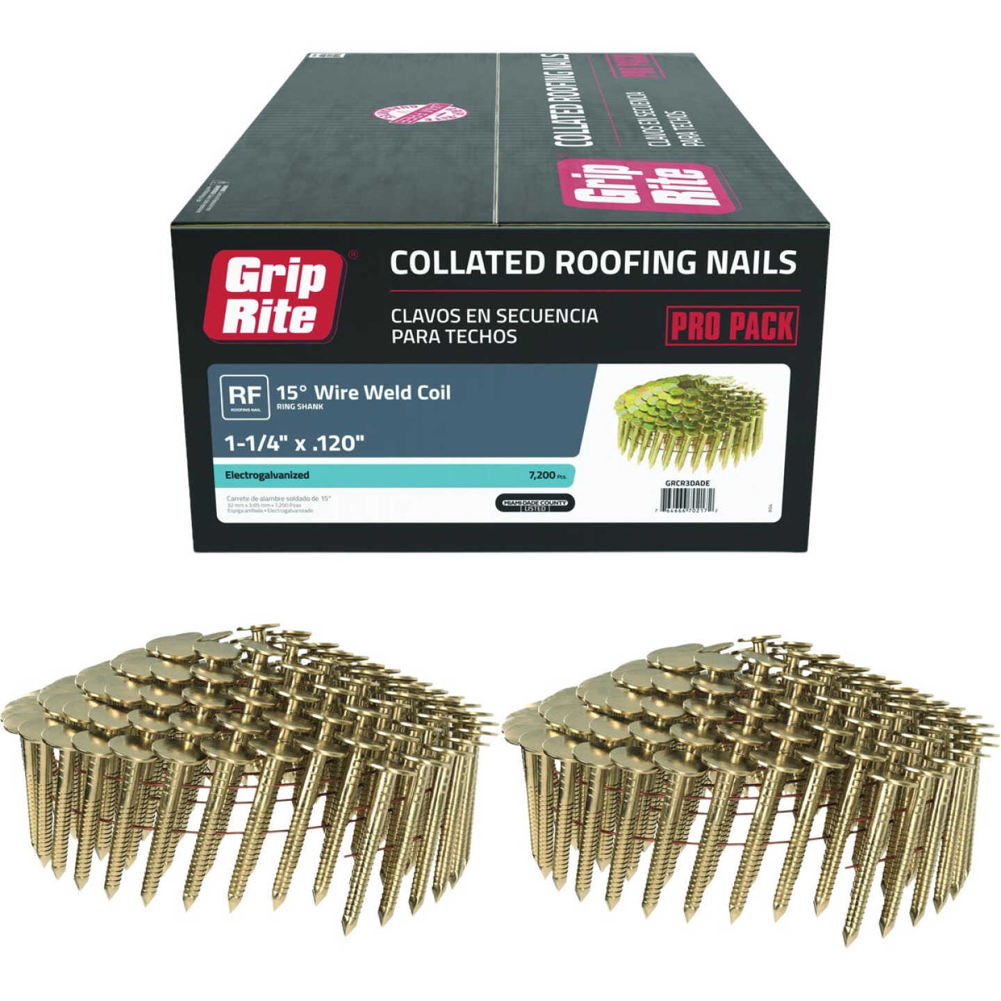 Grip-Rite 1-1/4 In. x 0.120 In. 15 Deg. Electrogalvanized Full Round Head Ring Shank Wire Coil Collated Roofing Nail (7200-Count) Image 1