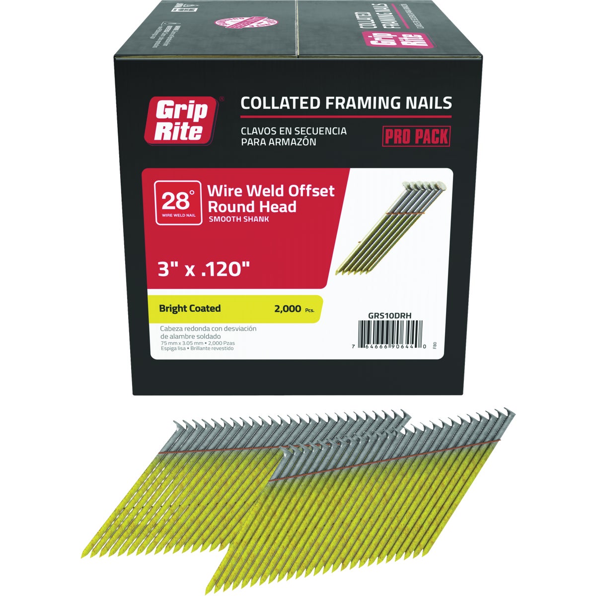 Grip-Rite 3 In. x 0.120 In. 28 Deg. Bright Coated Offset Round Head Smooth Shank Wire Weld Collated Framing Nail (2000-Count)