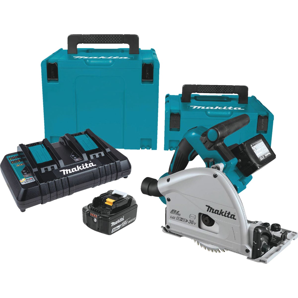 Makita 18V X2 LXT Brushless 6-1/2 In. Cordless Plunge Track Saw Kit with (2) 5.0 Ah Batteries & Dual Port Rapid Charger