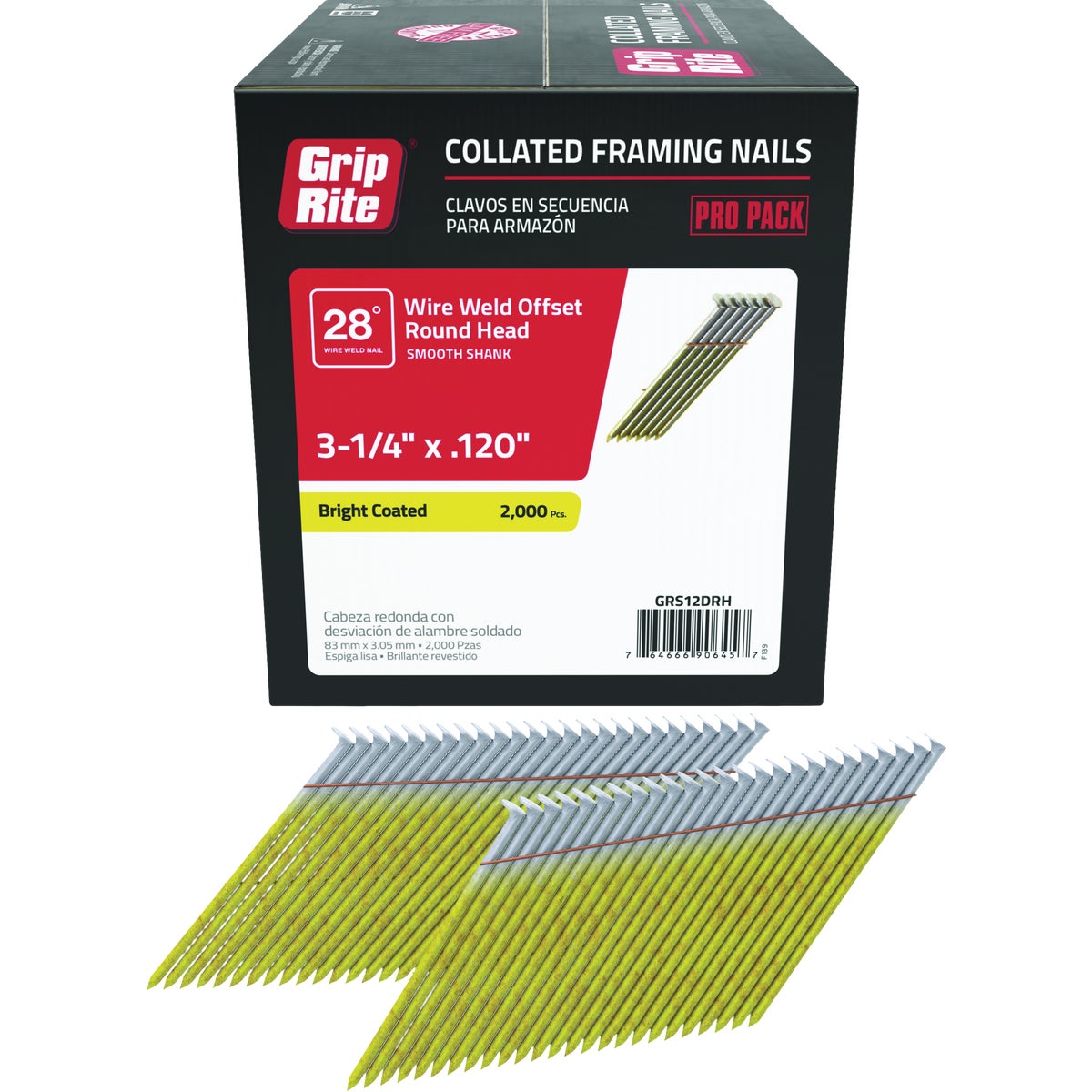 Grip-Rite 3-1/4 In. x 0.120 In. 28 Deg. Bright Coated Offset Round Head Smooth Shank Wire Weld Collated Framing Nail (2000-Count)