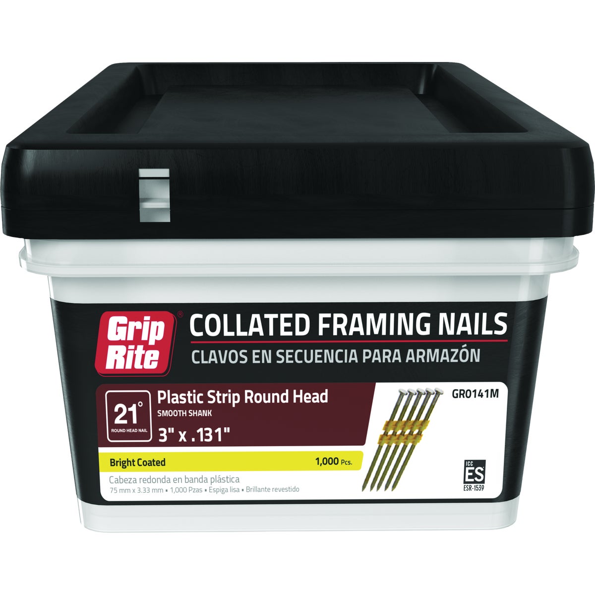 Grip-Rite 3 In. x 0.131 In. 21 Deg. Bright Coated Round Head Smooth Shank Plastic Strip Collated Framing Nail (1000-Count)