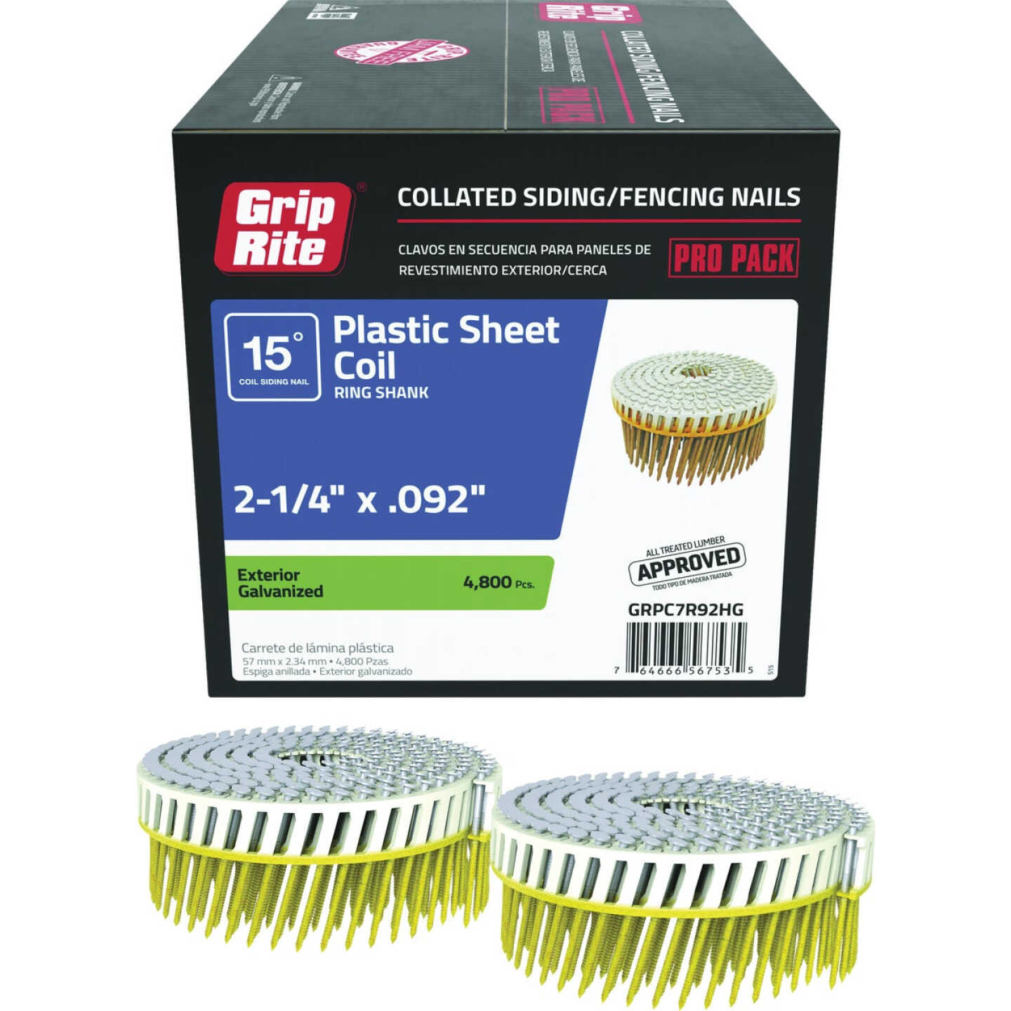 Grip-Rite 2-1/4 In. x .092 In. 15 Deg. Ring Shank Hot Dipped Galvanized Full Round Head Plastic Strip Collated Siding Nail (4800-Count) Image 1