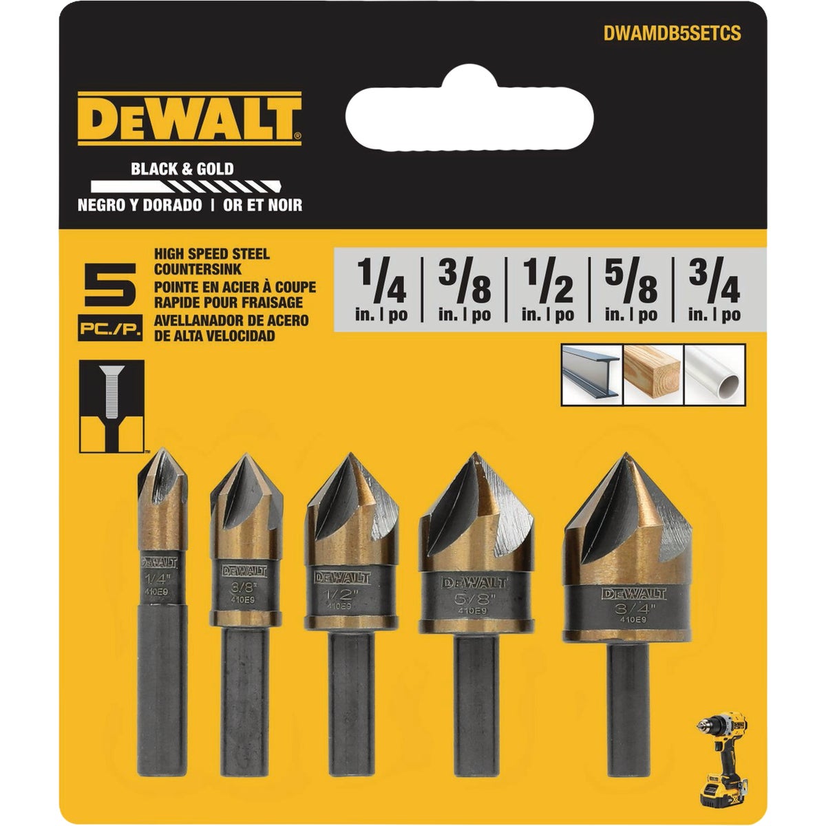 DEWALT Black & Gold High Speed Steel Countersink Twist Drill Bit Set (5-Piece)