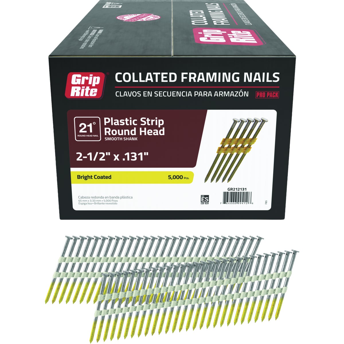 Grip-Rite 2-1/2 In. x 0.131 In. 21 Deg. Bright Coated Round Head Smooth ShankPlastic Strip Collated Framing Nail (5000-Count)