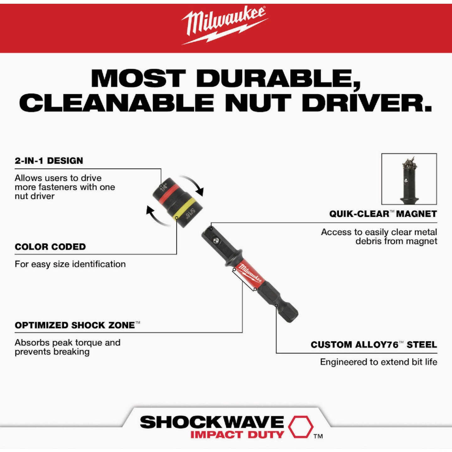 Milwaukee SHOCKWAVE QUIK-CLEAR 2-in-1 1/4 In. & 5/16 In. x 2-1/4 In. Impact Duty Magnetic Nut Driver Image 4