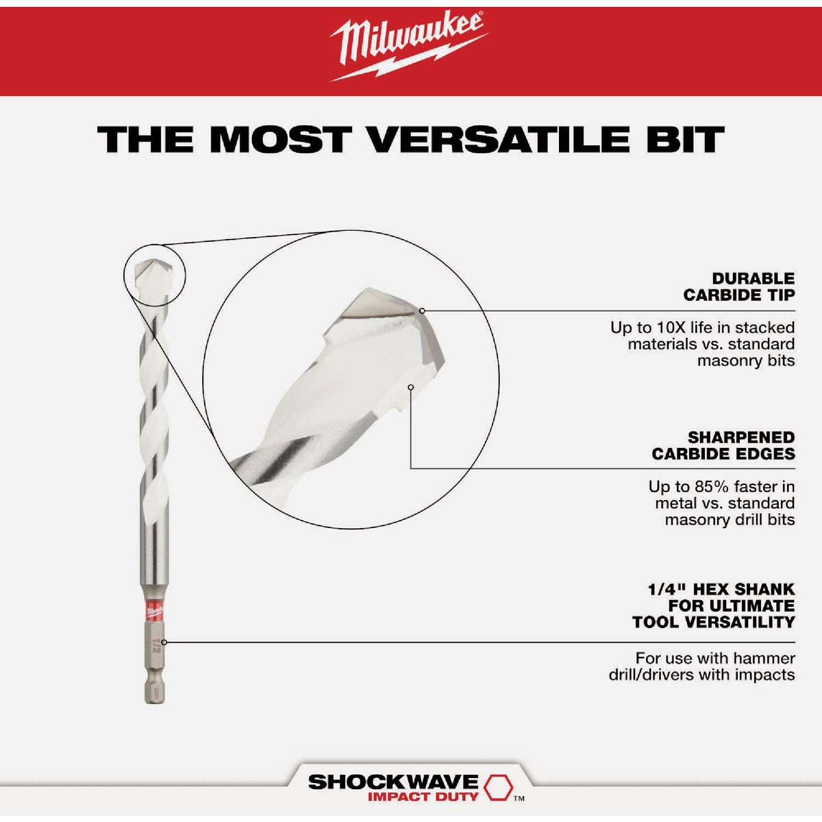 Milwaukee SHOCKWAVE 5/16 In. x 12 In. Impact Duty Carbide Multi-Material Hex Shank Drill Bit Image 2