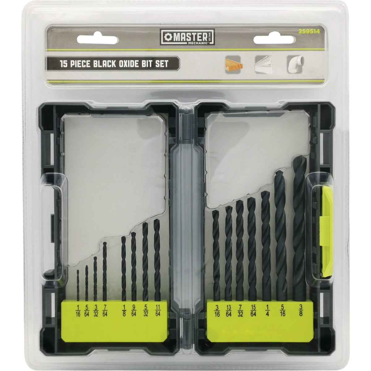 Master Mechanic Black Oxide Drill Bit Set (15-Piece)