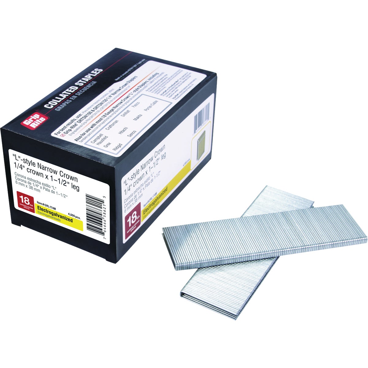 Grip-Rite 1/4 In. x 1-1/2 In. 18 ga Electrogalvanized L-Style Collated Narrow Crown Staple (4000-Count)