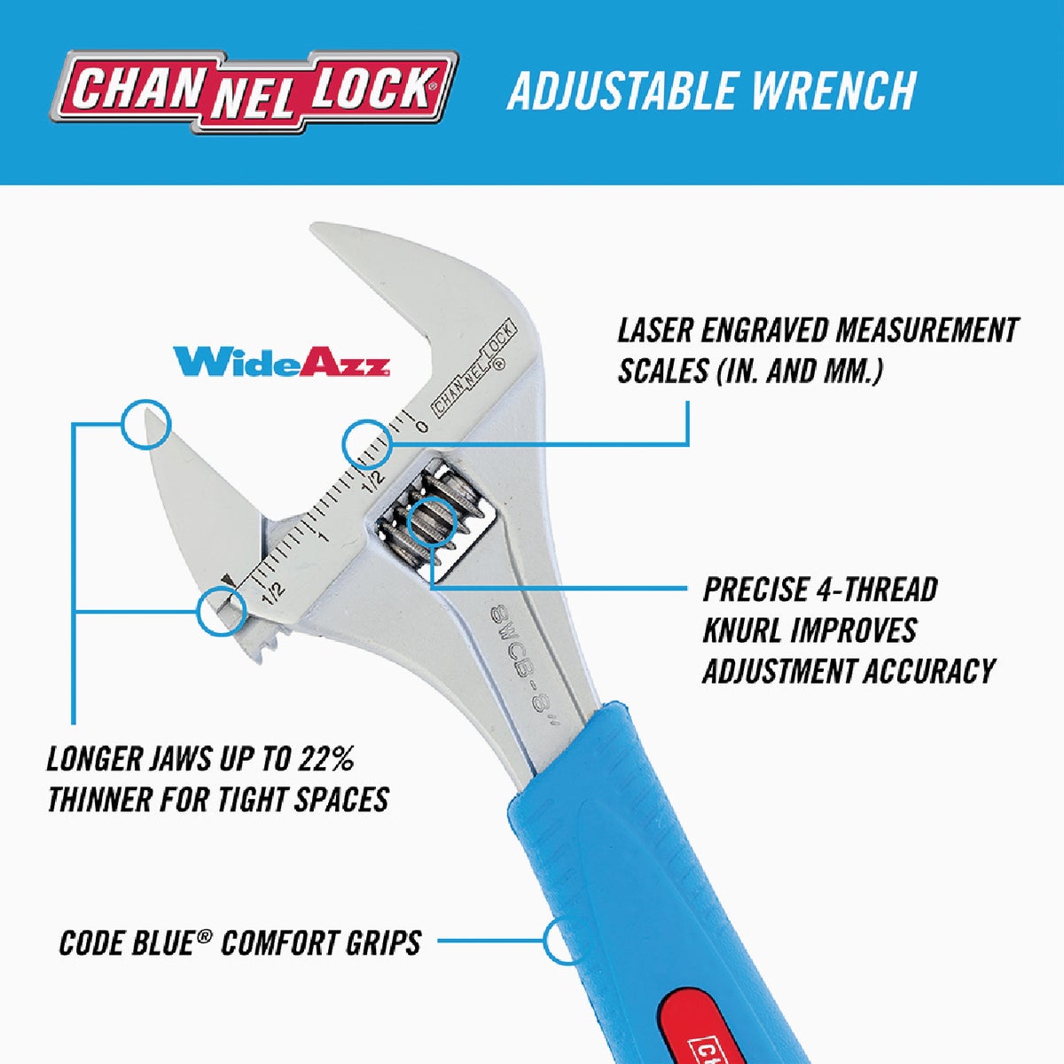 Channellock Code Blue 8 In. Wide Jaw Adjustable Wrench Image 2