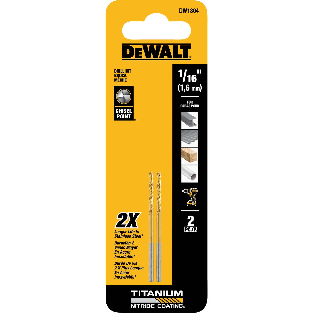 Dewalt 1/16 In. Titanium Nitride Coated HSS Jobber Length Twist Drill Bit (2-Pack) Image 1