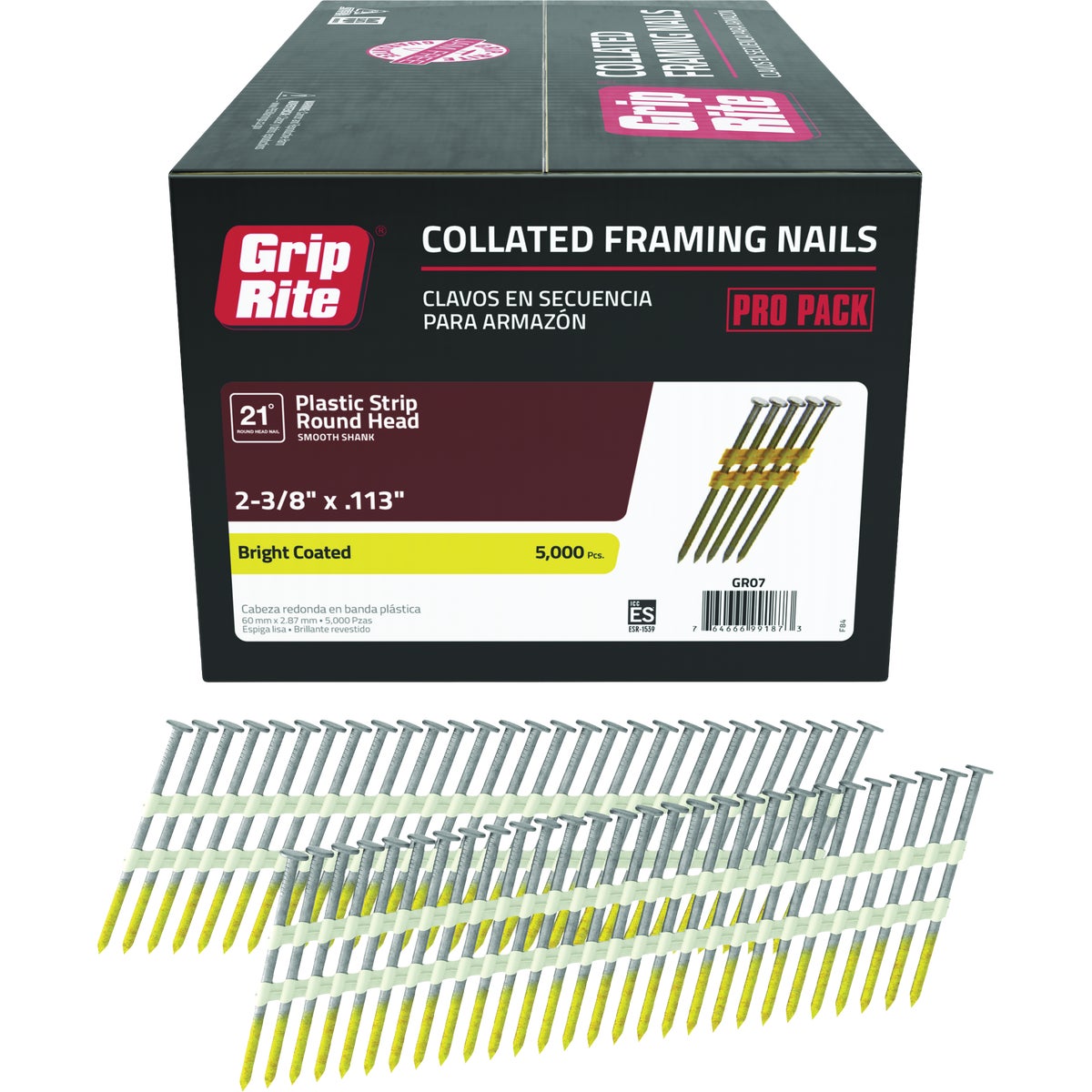 Grip-Rite 2-3/8 In. x 0.113 In. 21 Deg. Bright Coated Round Head Smooth Shank Plastic Strip Collated Framing Nail (5000-Count)