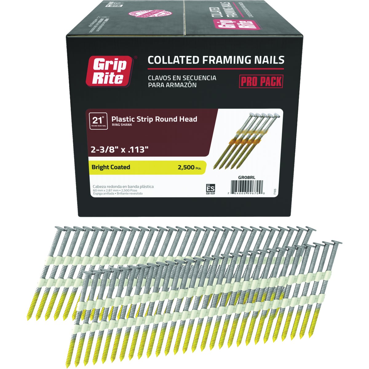 Grip-Rite 2-3/8 In. x 0.113 In. 21 Deg. Bright Coated Round Head Ring Shank Plastic Strip Collated Framing Nail (2500-Count)