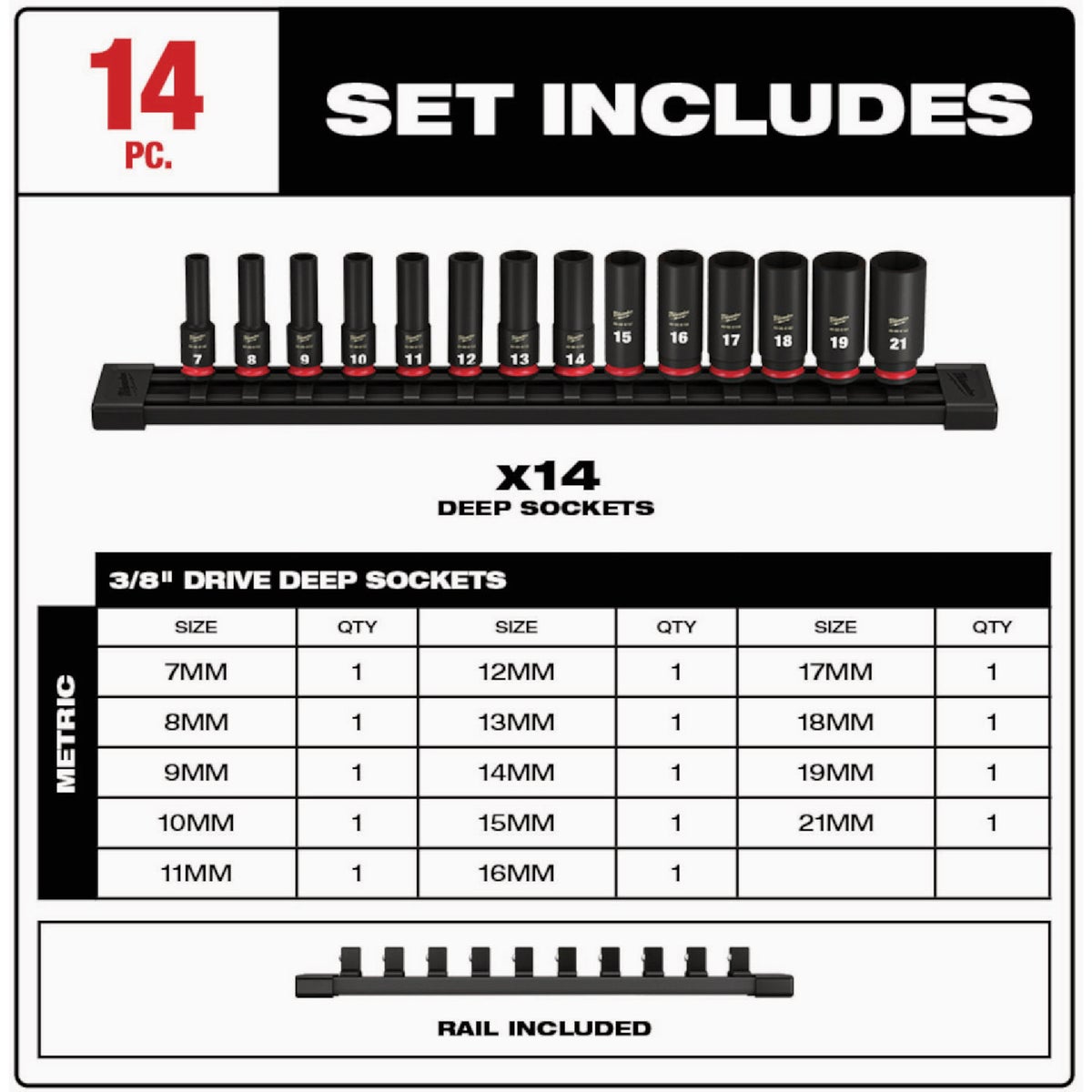Milwaukee SHOCKWAVE 3/8 In. Drive Metric Deep 6-Point Impact Duty Socket Set (14-Piece) Image 2