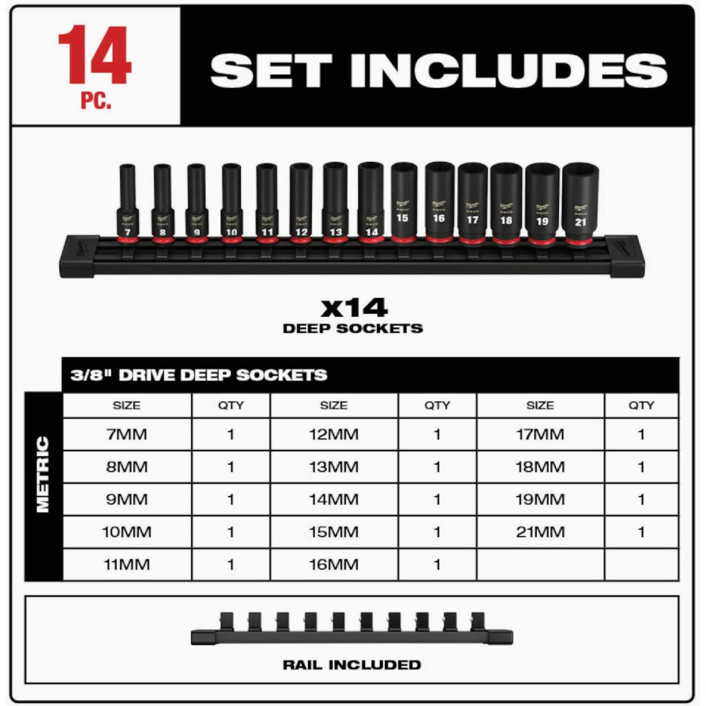 Milwaukee SHOCKWAVE 3/8 In. Drive Metric Deep 6-Point Impact Duty Socket Set (14-Piece) Image 2
