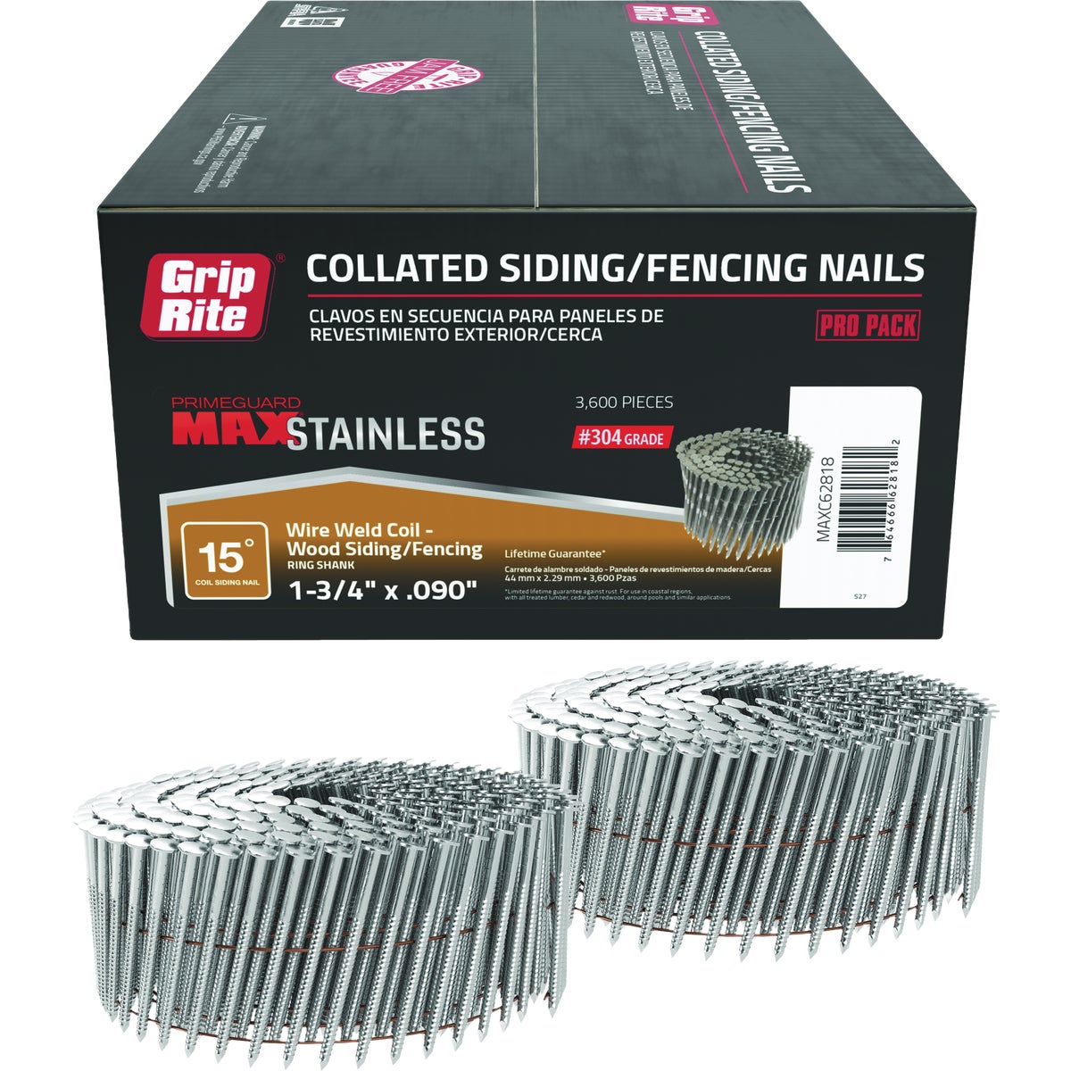 Grip-Rite 1-3/4 In. x 0.090 In. 15 Deg. #304 Stainless Steel Ring Shank Checkered Head Wire Weld Collated Siding Nail (3600-Count)