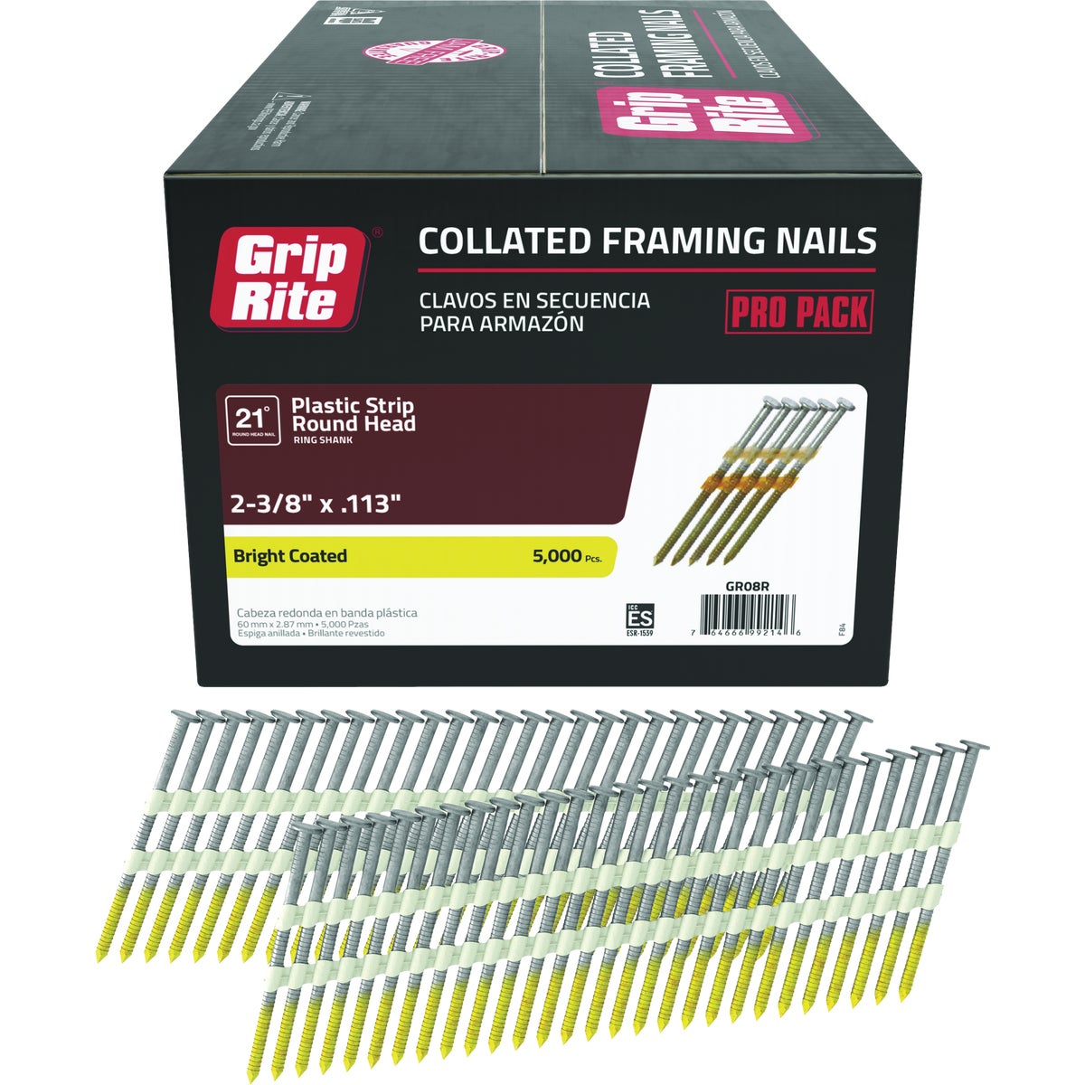 Grip-Rite 2-3/8 In. x 0.113 In. 21 Deg. Bright Coated Round Head Ring Shank Plastic Strip Collated Framing Nail (5000-Count) Image 1