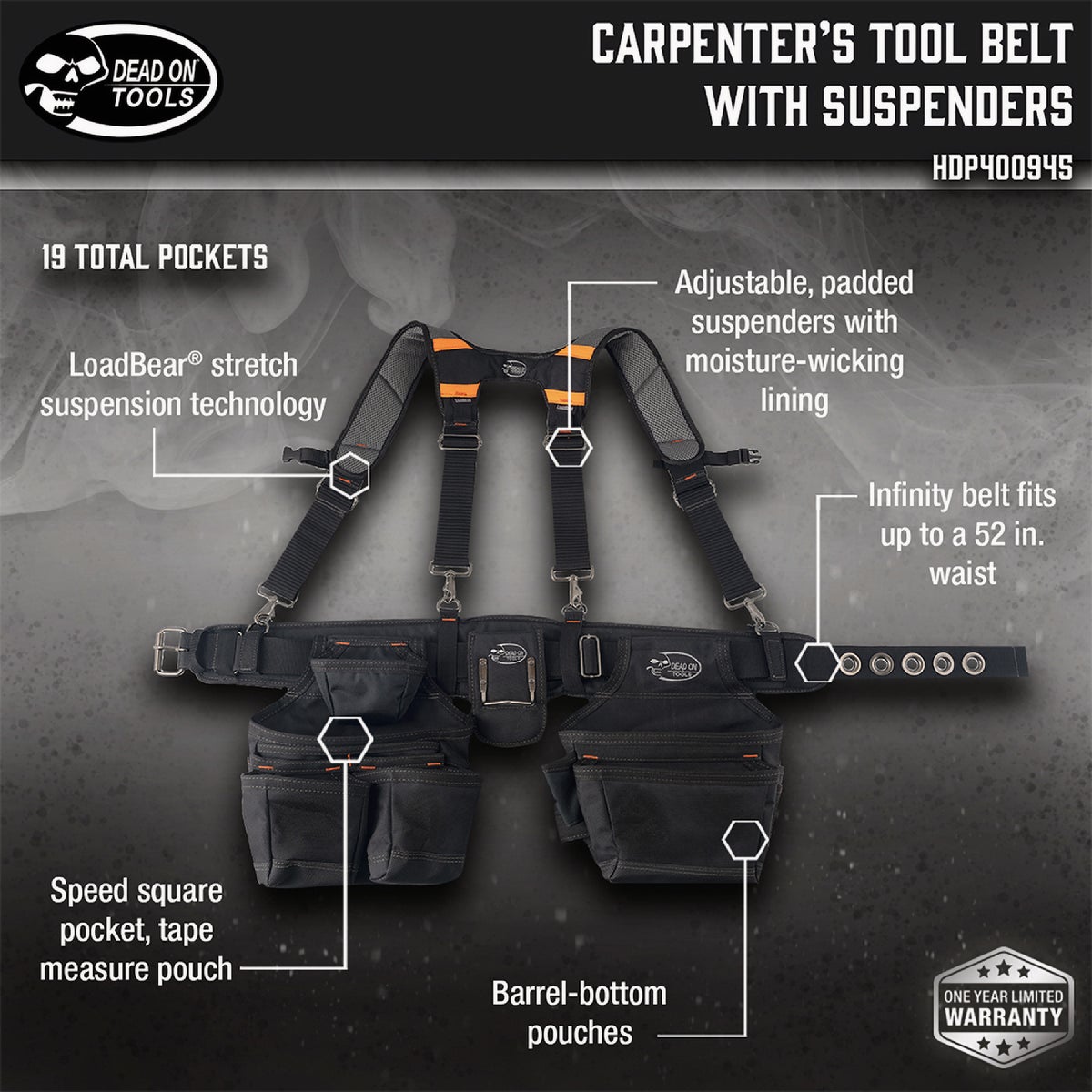 Dead On 2-Pouch Professional Carpenter's Tool Belt with Suspenders Image 2