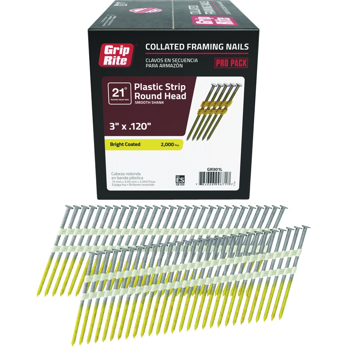 Grip-Rite 3 In. x 0.120 In. 21 Deg. Bright Coated Round Head Smooth Shank Plastic Strip Collated Framing Nail (2000-Count) Image 1