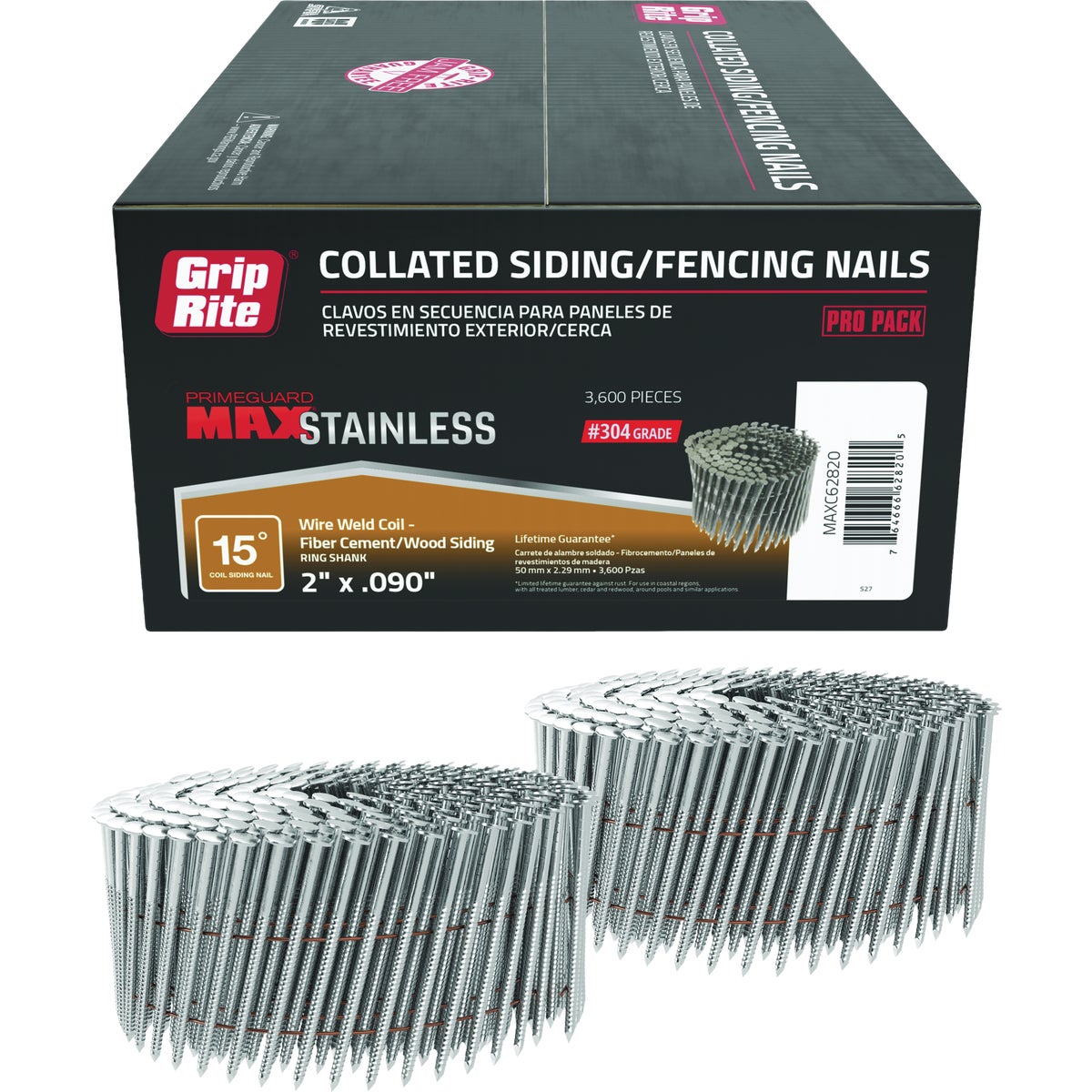 Grip-Rite 2 In. x 0.090 In. 15 Deg. #304 Stainless Steel Ring Shank Checkered Head Wire Weld Collated Siding Nail (3600-Count)