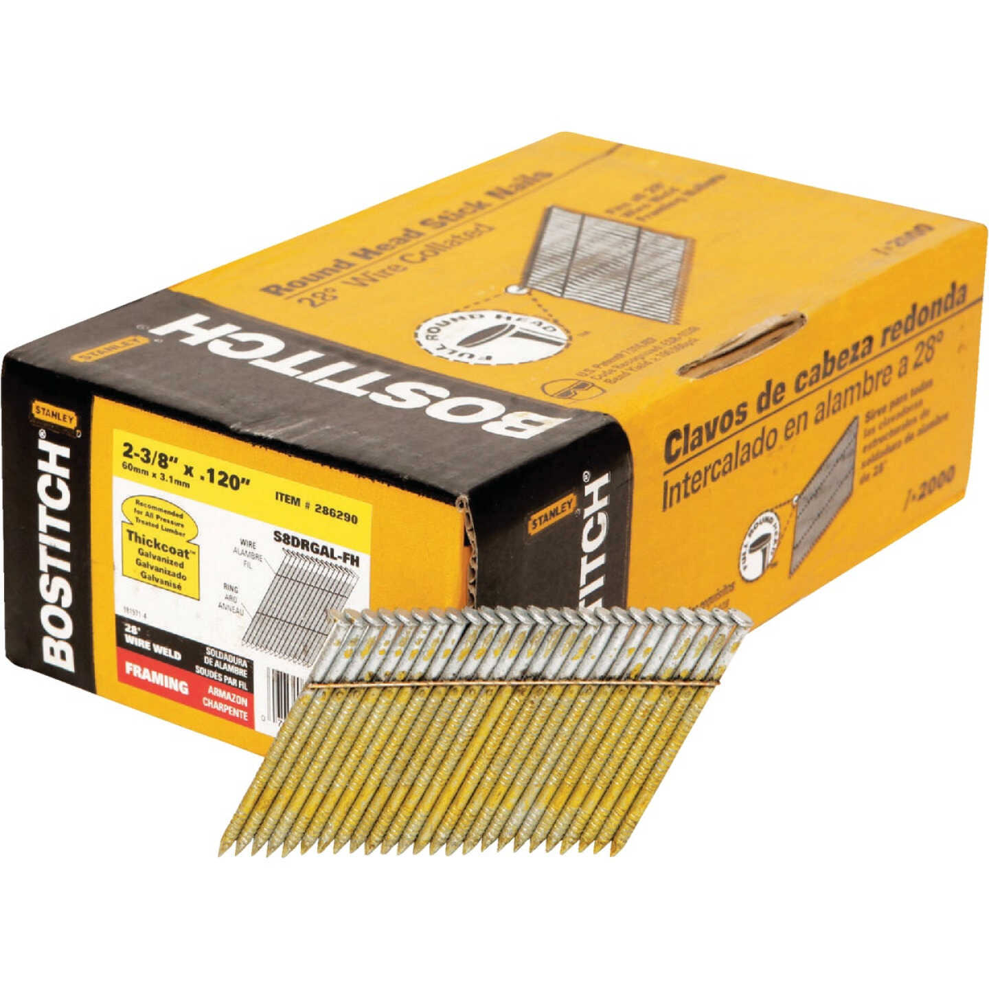 Bostitch 28 Degree Wire Weld Galvanized Ring Shank Offset Round Head Framing Stick Nail, 2-3/8 In. x .120 In. (2000 Ct.) Image 1