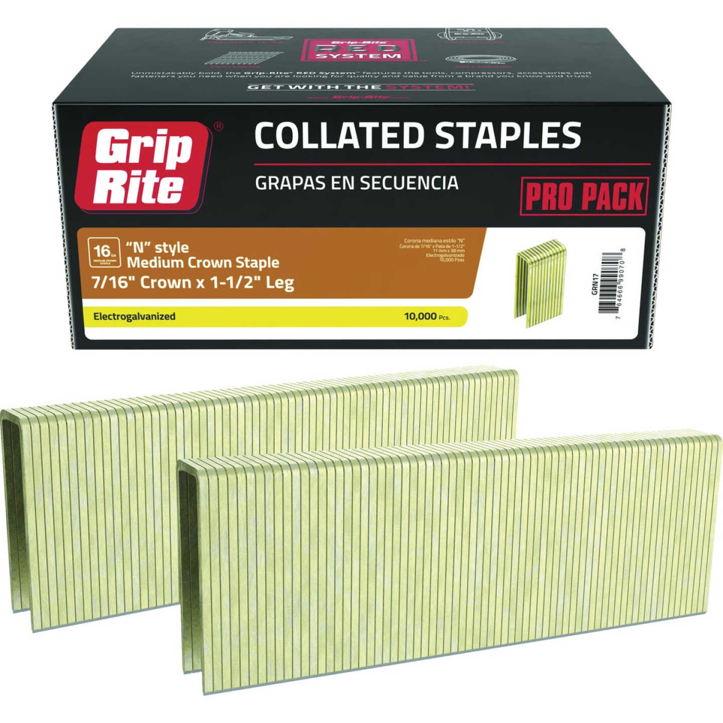 Grip-Rite 7/16 In. x 1-1/2 In. 16 ga Electrogalvanized N-Style Collated Medium Crown Staple (10,000-Count) Image 1