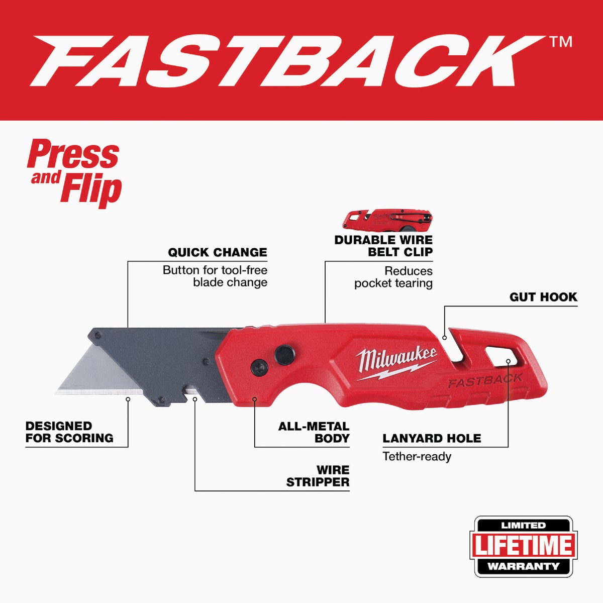 Milwaukee FASTBACK Fixed Folding Steel Utility Knife Image 2