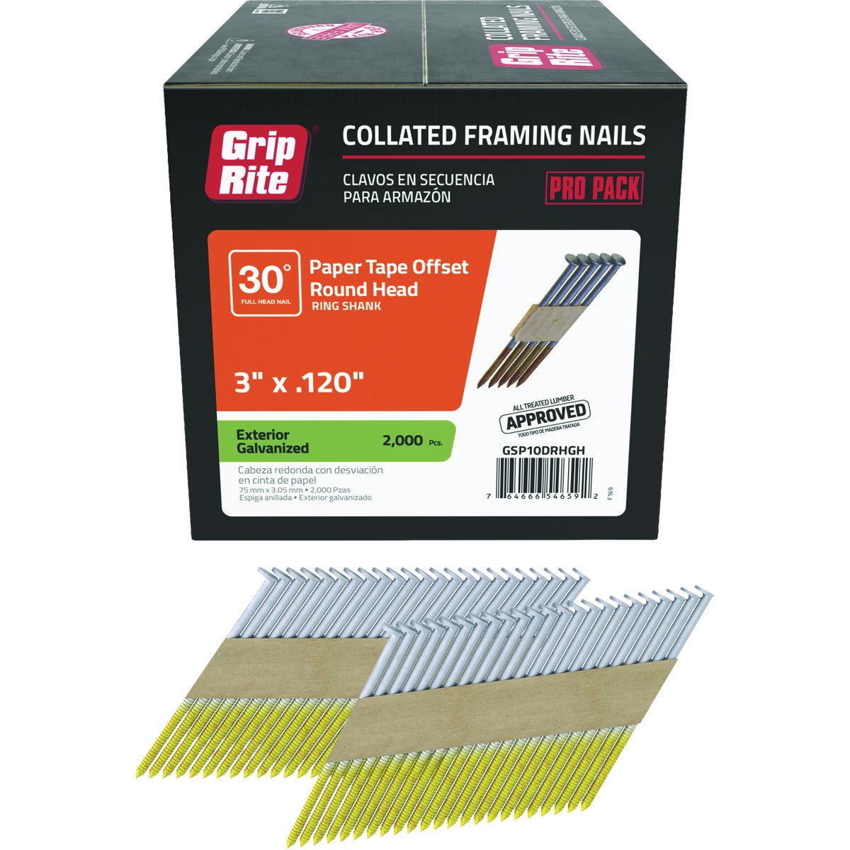 Grip-Rite 3 In. x 0.120 In. 30 Deg. Hot Galvanized Offset Round Head Ring Shank Paper Tape Collated Framing Nail (2000-Count)
