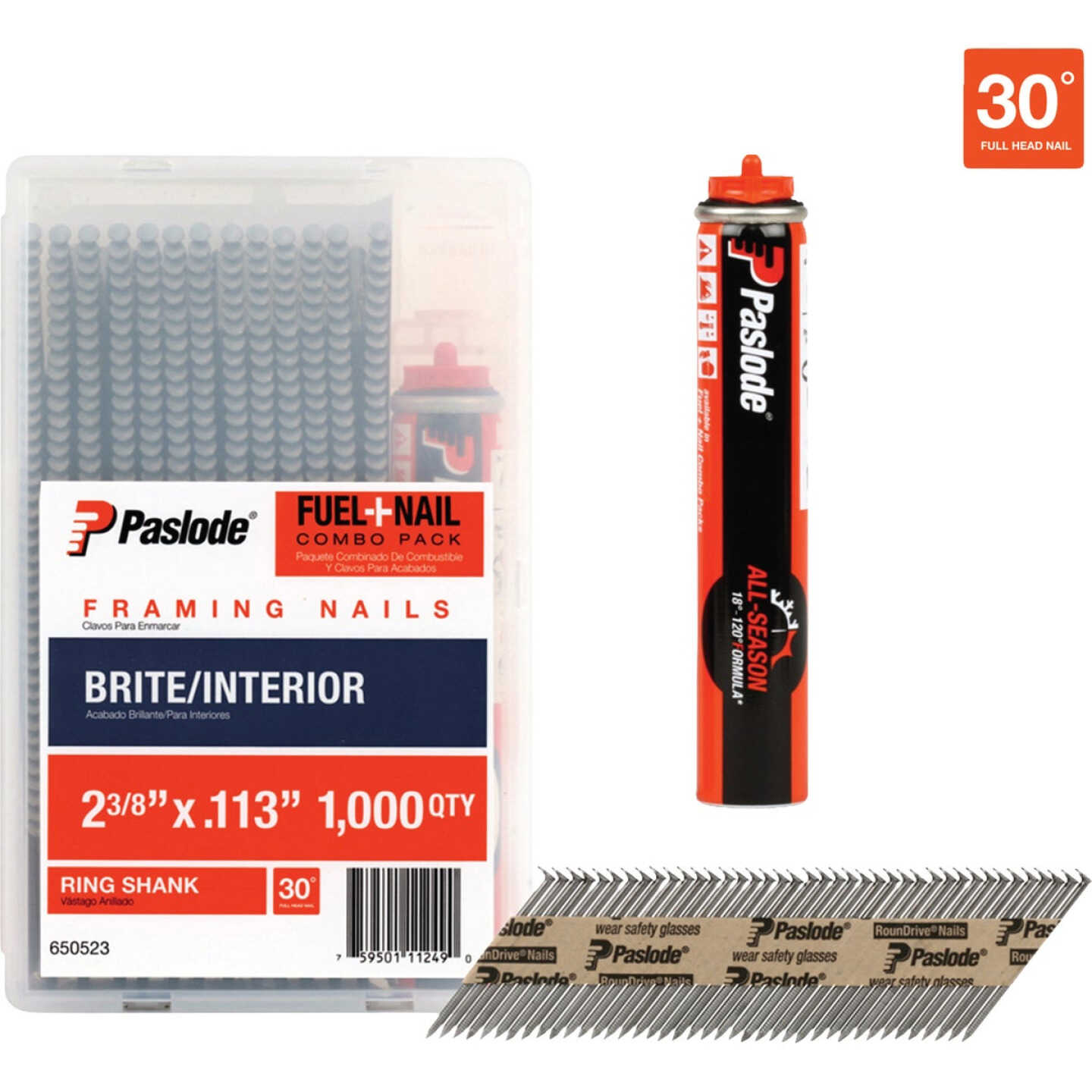 Paslode 2-3/8 In. x 0.113 In. 30 Deg. Paper Tape Ring Shank Roundrive Brite Collated Framing Nails (1000-Count) with Fuel Cell Image 1