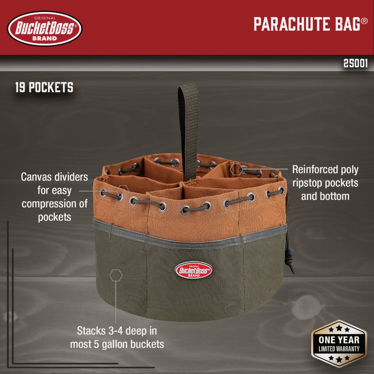 Bucket Boss 19-Pocket Canvas Parachute Bag Image 2