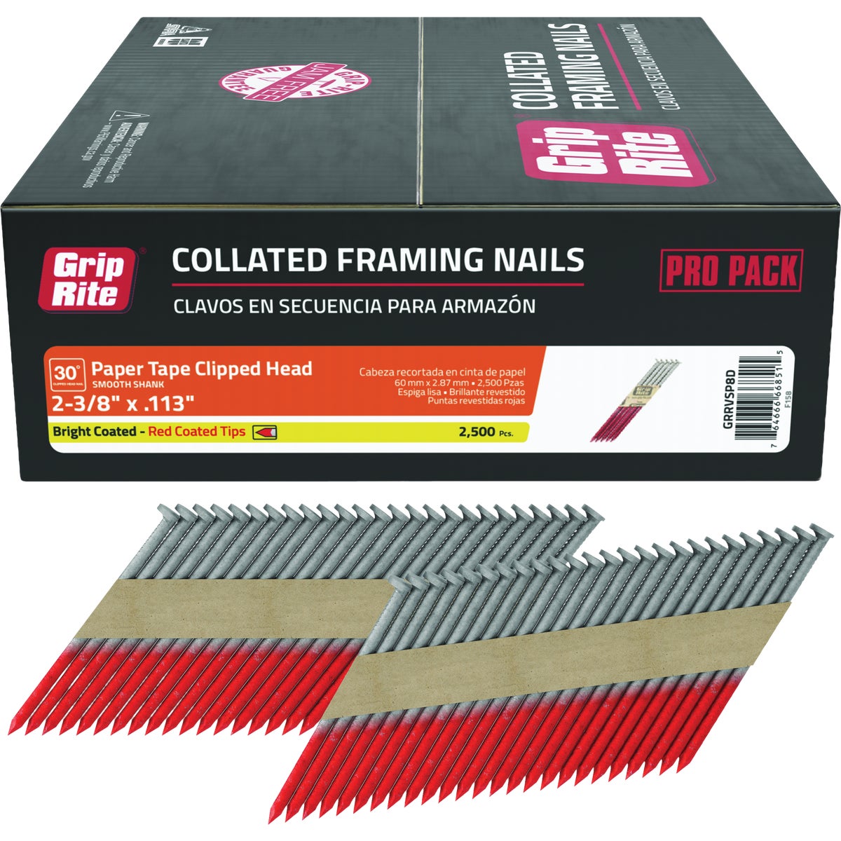 Grip-Rite 2-3/8 In. x 0.113 In. 30 Deg. Bright Coated Clipped Head Smooth Shank Paper Tape Collated Framing Nail (2500-Count)