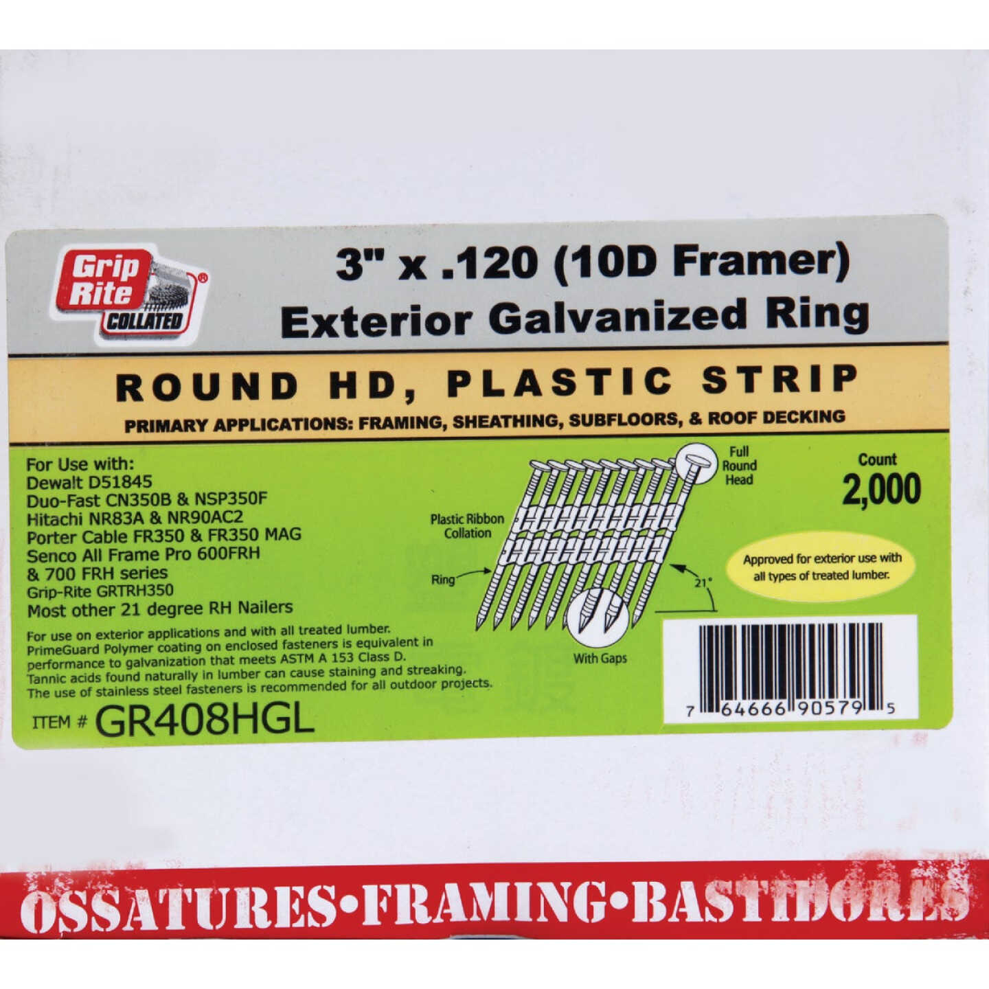 Grip-Rite 21 Degree Plastic Strip Hot-Dipped Galvanized Full Round Head Framing Stick Nail, 3 In. x .120 In. (2000 Ct.) Image 1