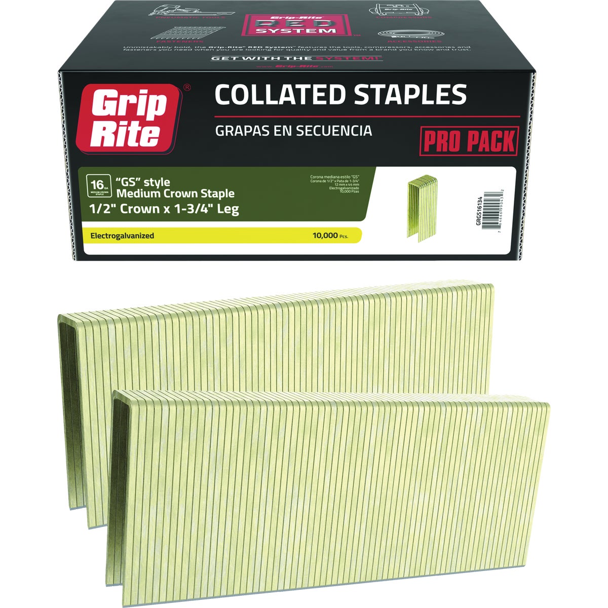 Grip-Rite 1/2 In. x 1-3/4 In. 16 ga Electrogalvanized GS-Style Collated Medium Crown Staple (10,000-Count)