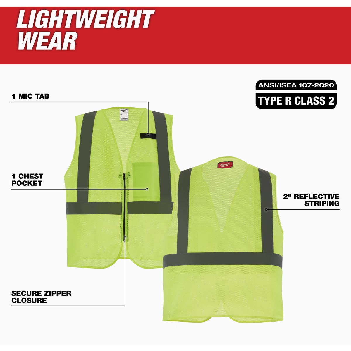 Milwaukee ANSI Class 2 High Vis Yellow Mesh Safety Vest, Large/XL Image 3